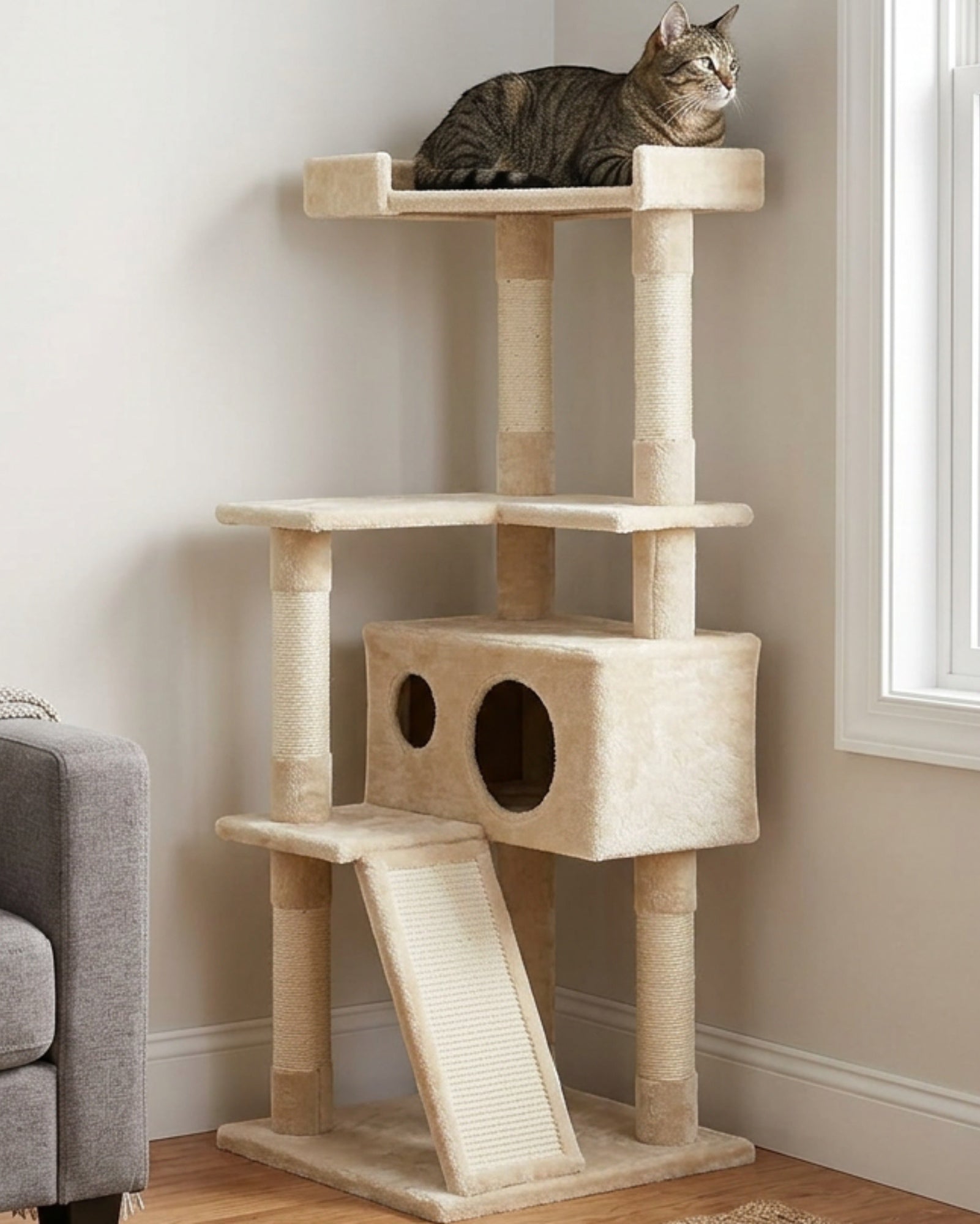 Fgbmx Corner Cat Tree Beige 43 in with Sisal Ramp