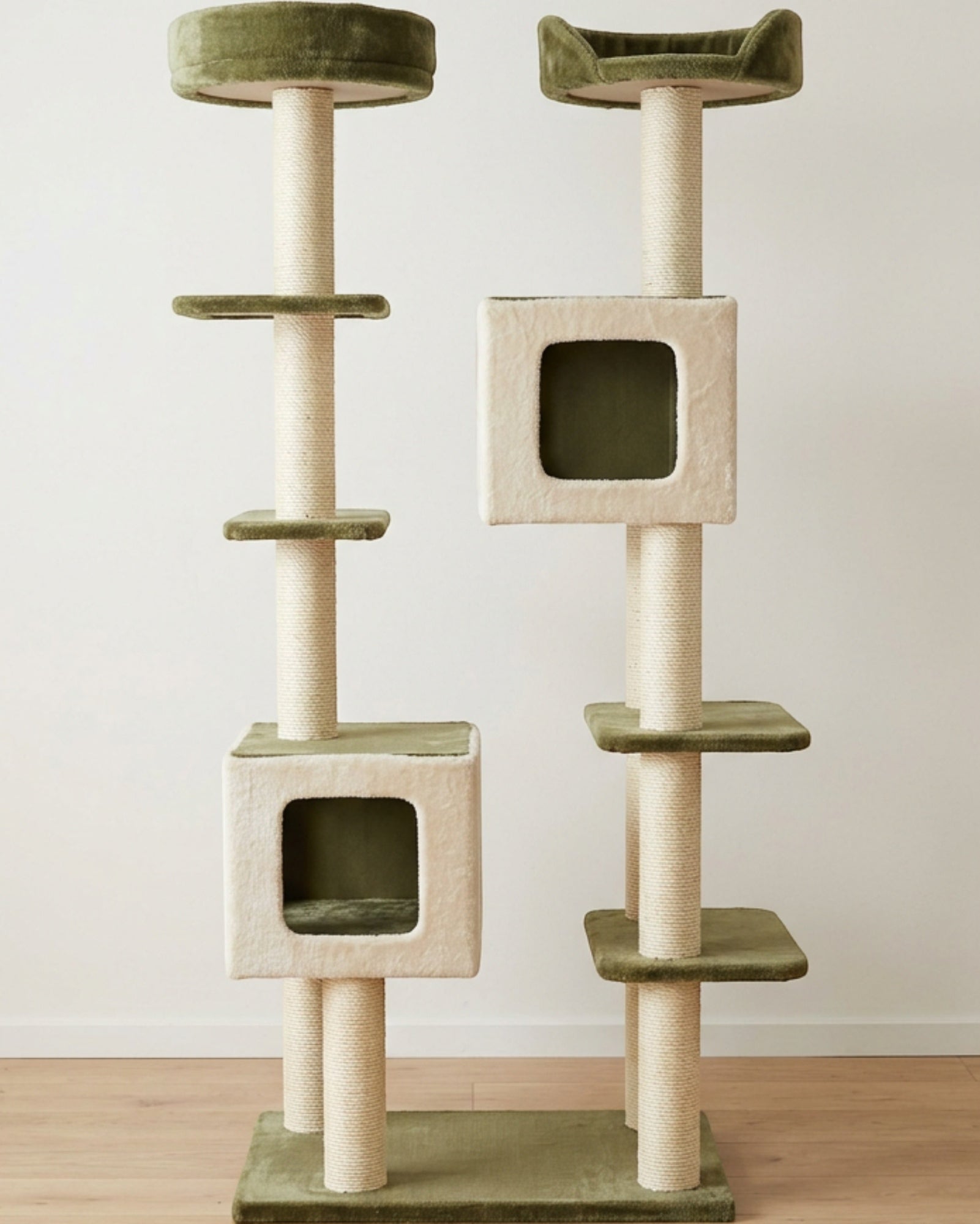 Fgbmx Twin Condo Offset Cat Tower Olive Cream - Lifestyle view